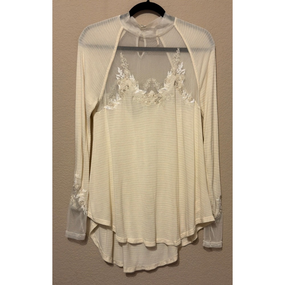 Free People Cream Embroidered Mesh Mock Neck Long Sleeve Top Small Bohemian